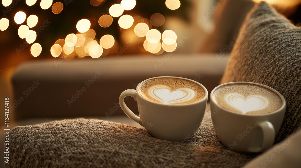 Warm and inviting coffee cups with heart foam on cozy sofa Warm and inviting coffee cups with heart foam on cozy sofa