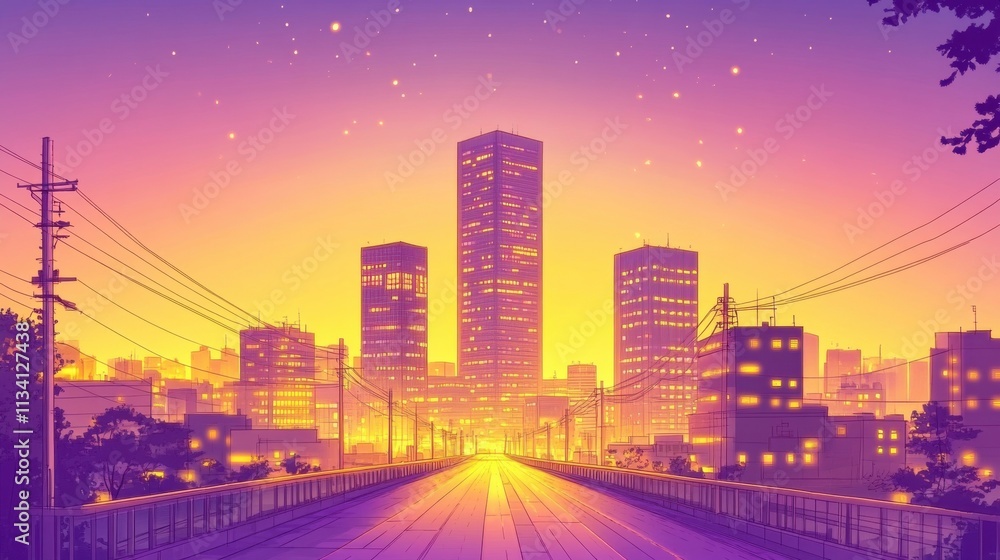 A vibrant city skyline at sunset with bright colors and lights. A vibrant city skyline at sunset with bright colors and lights.