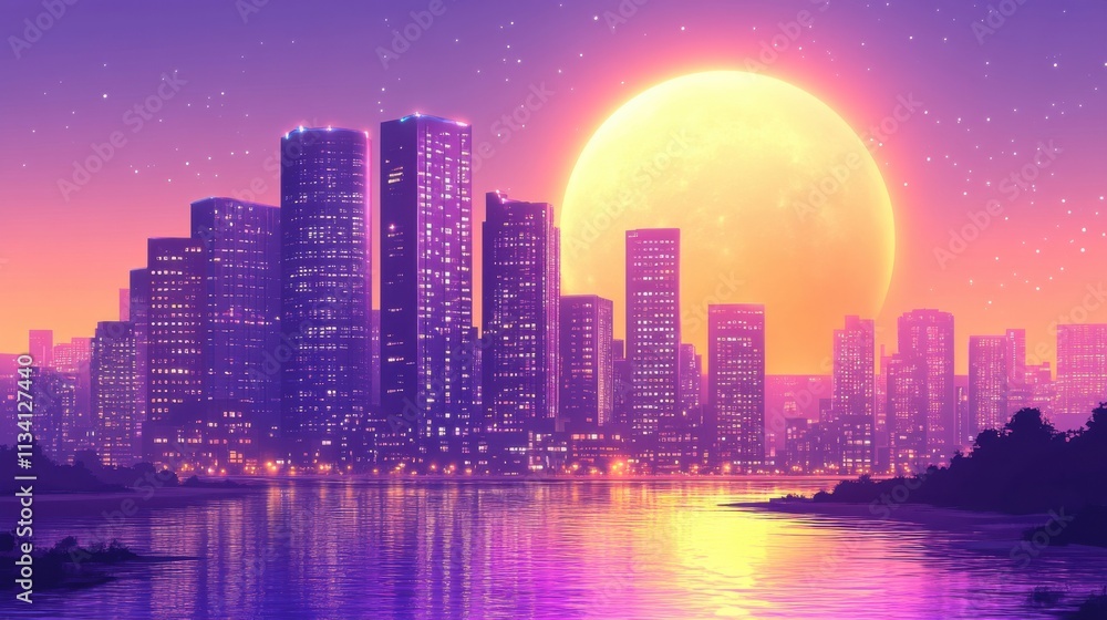 A vibrant city skyline at sunset with colorful reflections. A vibrant city skyline at sunset with colorful reflections.
