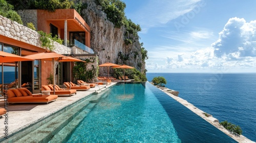 Luxury villa overlooking mediterranean sea with infinity pool and orange umbrellas