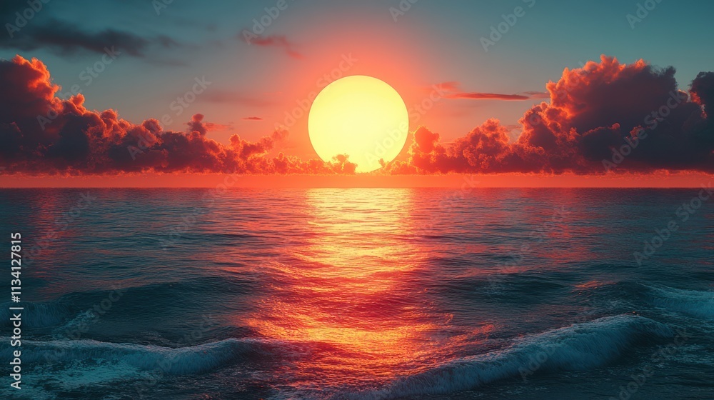 Fiery Sunset Over the Ocean: A Serene Coastal Vista Fiery Sunset Over the Ocean: A Serene Coastal Vista