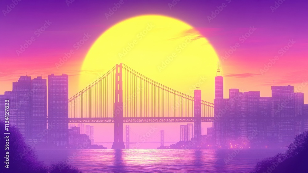 Obraz premium A vibrant sunset silhouette of a city skyline and bridge.