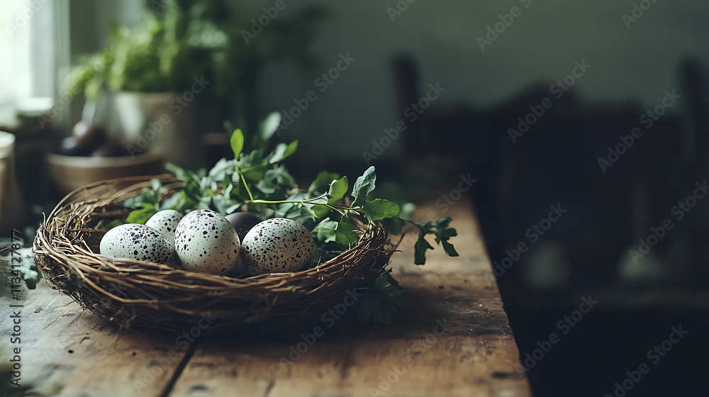 close up of nest filled with speckled eggs and greenery close up of nest filled with speckled eggs and greenery