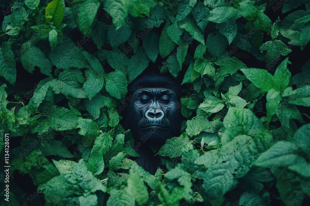 Gorilla resting peacefully in lush green foliage Gorilla resting peacefully in lush green foliage