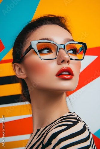 A beautiful woman wearing eyeglasses in the style of pop art, featuring bold colors and geometric shapes, with an emphasis on graphic design elements