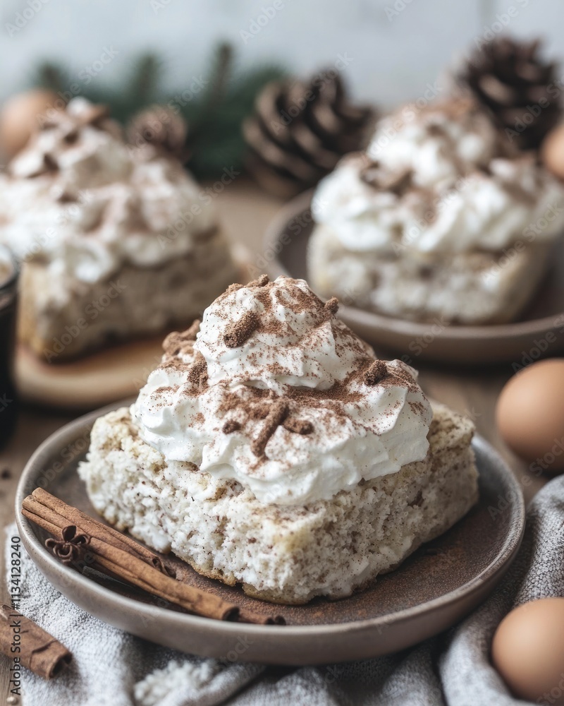 A delicious slice of cake topped with whipped cream and chocolate shavings on a cozy table setting. A delicious slice of cake topped with whipped cream and chocolate shavings on a cozy table setting.