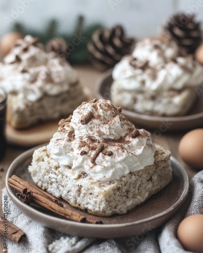 A delicious slice of cake topped with whipped cream and chocolate shavings on a cozy table setting.