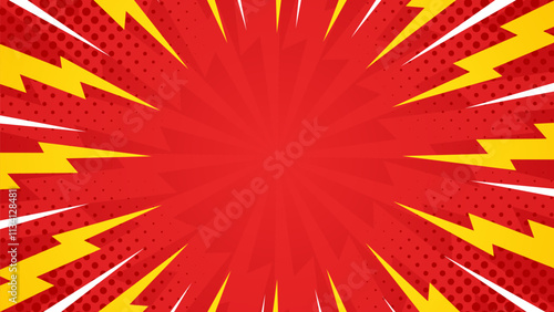 Abstract red comic lightning effect background with halftone. Pop art comic-style vector background. Suitable for templates, sale banners, events, ads, web and pages