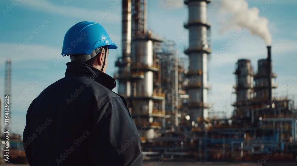 Worker Observing Industrial Facility with Blue Helmet Worker Observing Industrial Facility with Blue Helmet