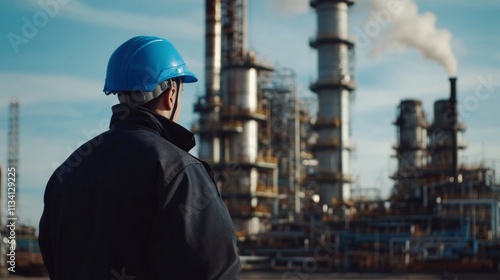 Worker Observing Industrial Facility with Blue Helmet