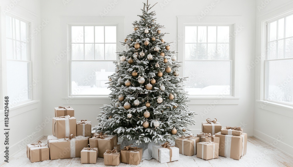 A Frosty Christmas Morning: Elegant Decor with Gifts Under a Snow-Covered Tree A Frosty Christmas Morning: Elegant Decor with Gifts Under a Snow-Covered Tree