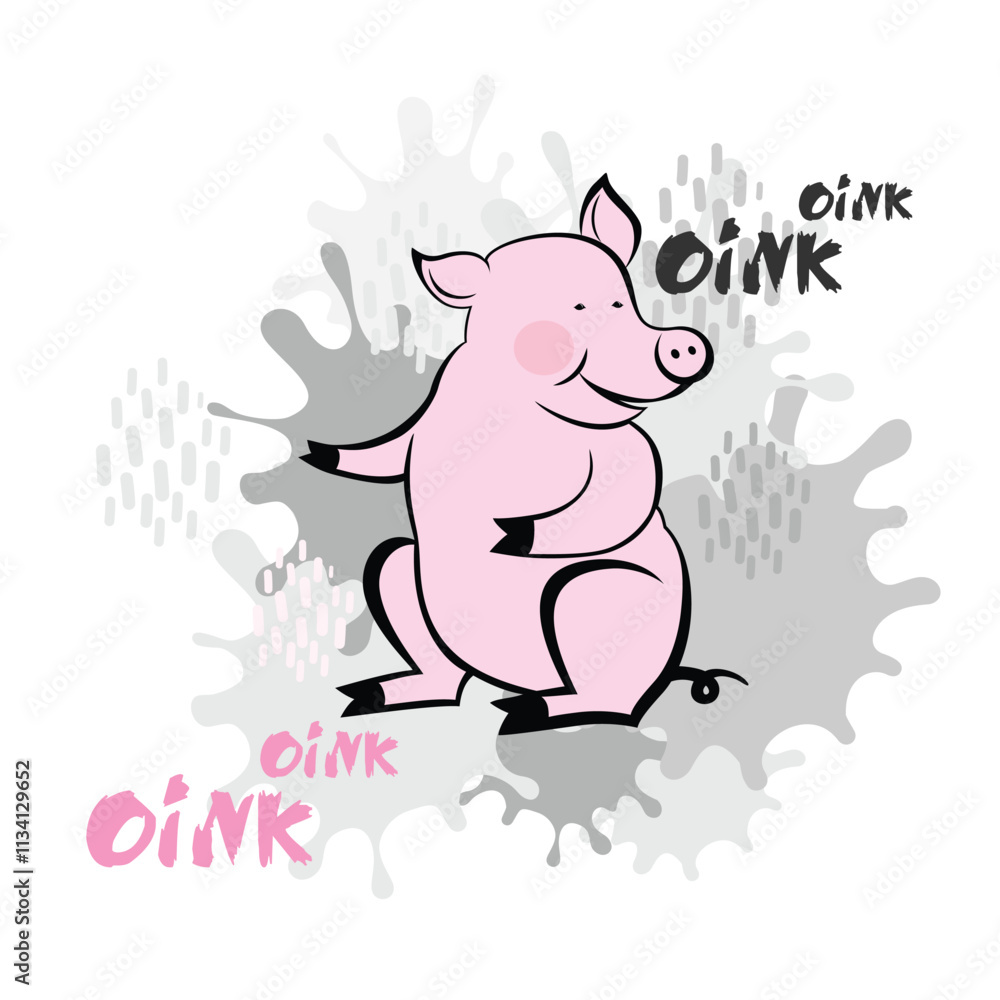 Fototapeta premium Cute pig cartoon. Pink Pig says oink-oink. Greeting card in comics style. Vector illustration