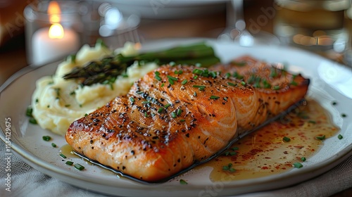 Gourmet dish featuring grilled salmon served with a side of fresh asparagus and lemon garnish.