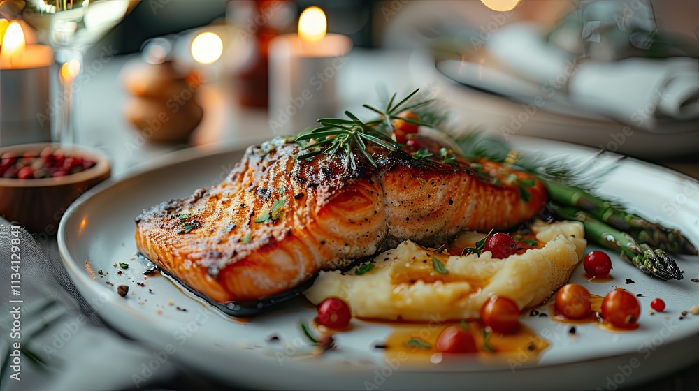 Gourmet salmon dinner with mashed potatoes and asparagus on an elegant dinner table. Gourmet salmon dinner with mashed potatoes and asparagus on an elegant dinner table.
