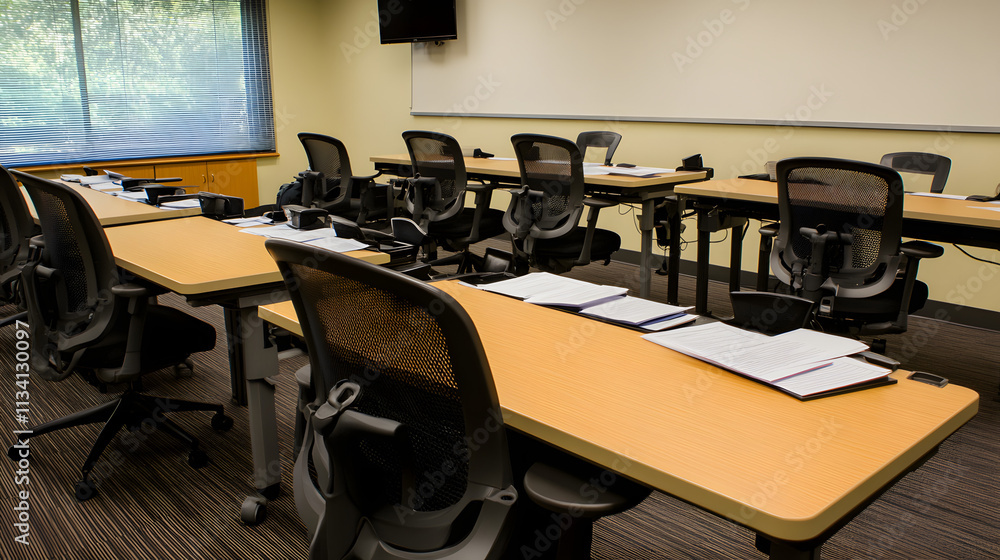 Empty meeting room with scattered budget papers and vacant chairs, symbolizing the aftermath of intense decision-making and strategic planning sessions. Empty meeting room with scattered budget papers and vacant chairs, symbolizing the aftermath of intense decision-making and strategic planning sessions.