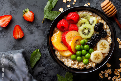 Wheat porridge with fruit, healthy and wholesome breakfast.