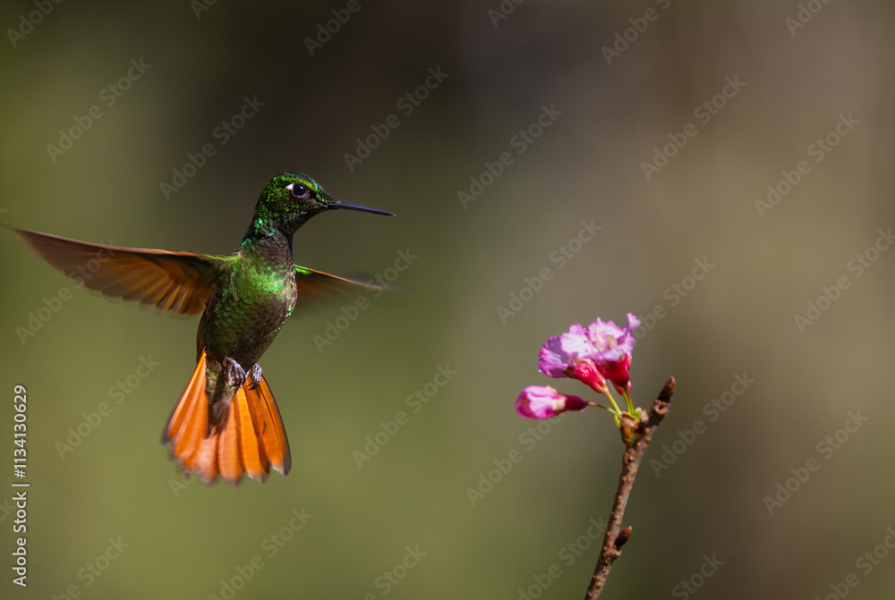 In flight Brazilian Ruby (Heliodoxa rubricauda) hummingbird approaching a flower in the Atlantic Rainforest of Brazil In flight Brazilian Ruby (Heliodoxa rubricauda) hummingbird approaching a flower in the Atlantic Rainforest of Brazil