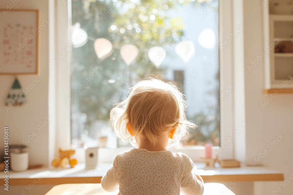 A child with light, curly hair gazes out sunlit window, surrounded by cozy, bright room filled with soft decor. atmosphere is warm and inviting, perfect for peaceful moment A child with light, curly hair gazes out sunlit window, surrounded by cozy, bright room filled with soft decor. atmosphere is warm and inviting, perfect for peaceful moment