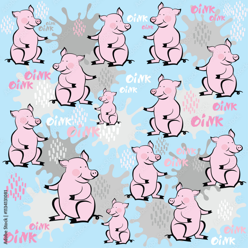 Obraz premium Pattern for seamless background. Cute pink pigs on blue background. Textile fabric print. Pig say oink. Bathing in mud. Illustration