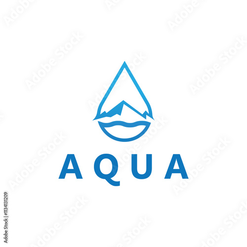a blue logo with a mountain and water waves  water mountain logo  aqua logo  logo for business  mineral  natural