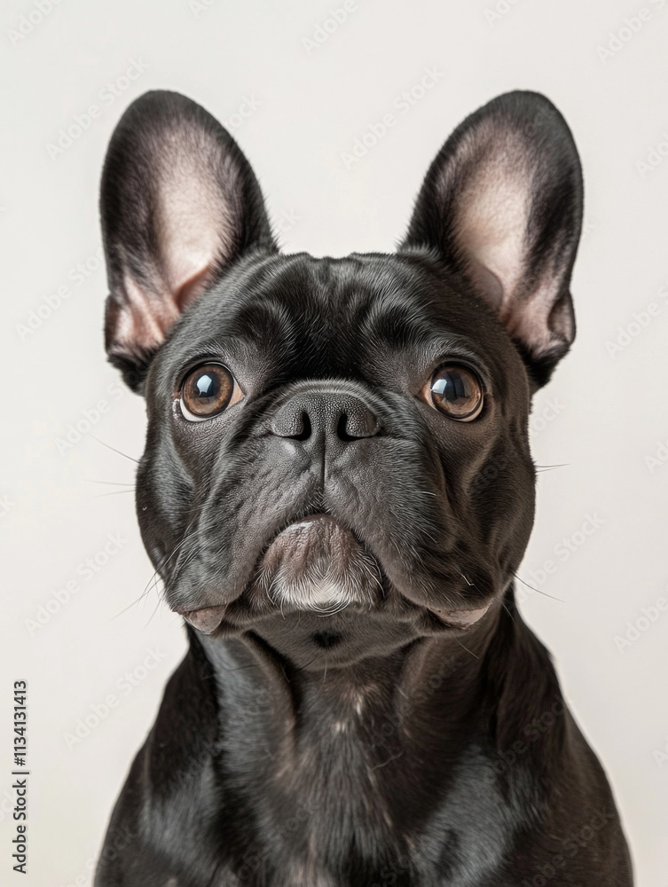 realistic head on shot of black French Bulldog with large ears, showcasing its expressive eyes and unique features. This charming dog exudes playful yet dignified demeanor realistic head on shot of black French Bulldog with large ears, showcasing its expressive eyes and unique features. This charming dog exudes playful yet dignified demeanor