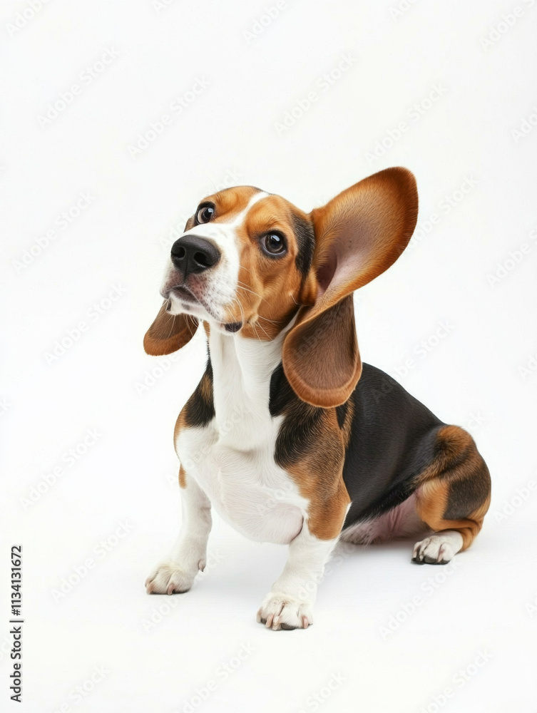 playful Beagle with large ears sitting on white background, showcasing its curious expression and distinctive coat. This adorable dog is perfect for pet lovers playful Beagle with large ears sitting on white background, showcasing its curious expression and distinctive coat. This adorable dog is perfect for pet lovers