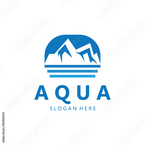 a blue logo with a mountain and water waves  water mountain logo  aqua logo  logo for business  mineral  natural photo