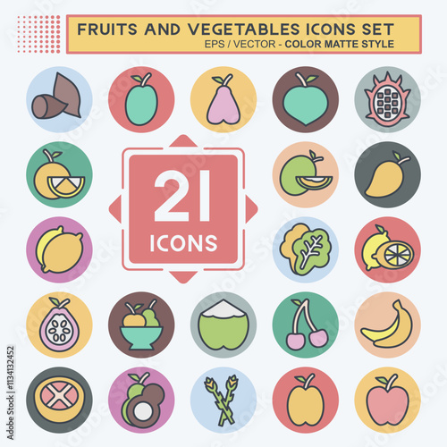 Icon Set Fruits And Vegetables. related to Healthy symbol. color mate style. editable