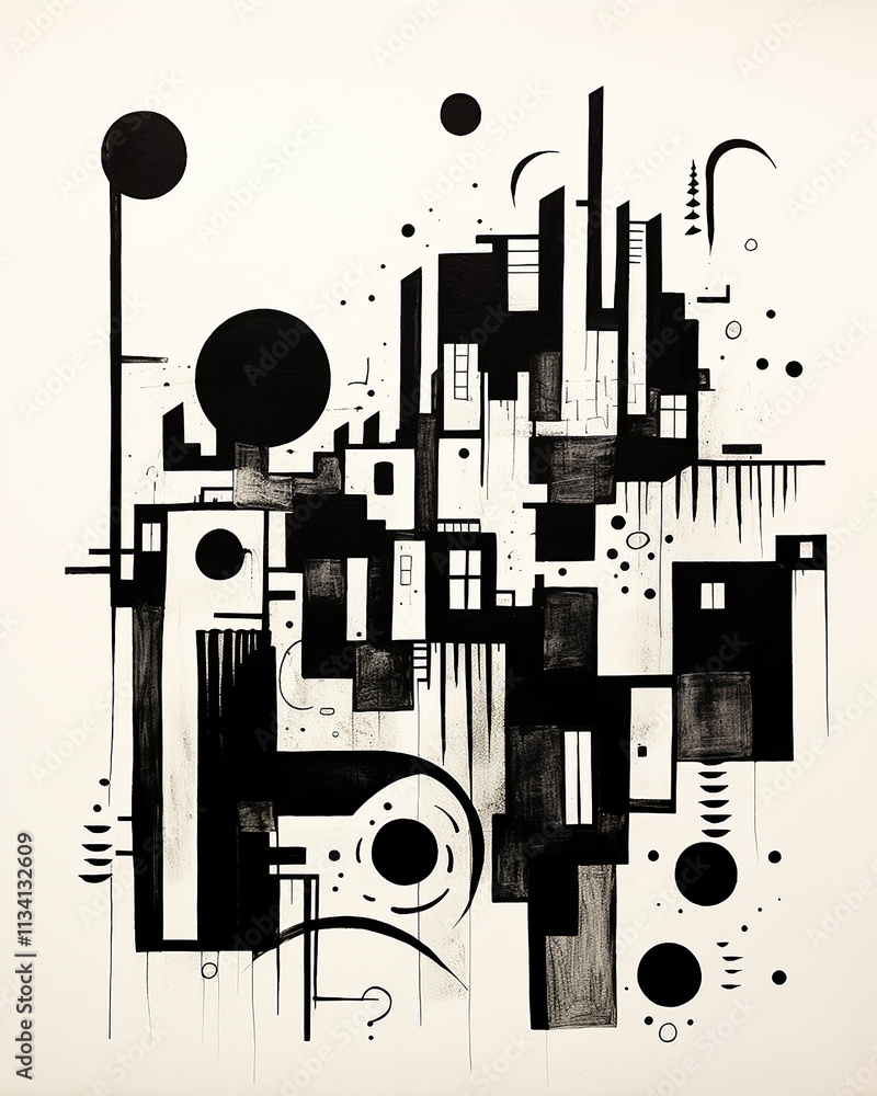 Pencil and ink drawing of shapes and objects, minimalist pop art style, graffiti style markings, bold black and white, flat shapes, toy proportions, pensive stillness, quantum punk Pencil and ink drawing of shapes and objects, minimalist pop art style, graffiti style markings, bold black and white, flat shapes, toy proportions, pensive stillness, quantum punk