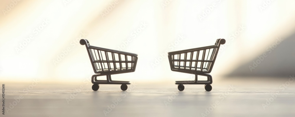 Two miniature shopping carts facing each other on a surface, symbolizing commerce. Two miniature shopping carts facing each other on a surface, symbolizing commerce.