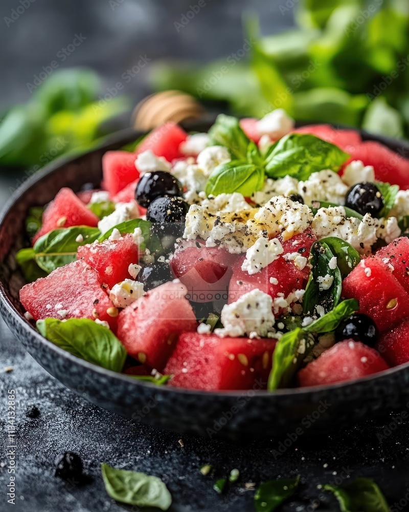 A vibrant salad featuring watermelon, feta, basil, and blueberries for a refreshing dish. A vibrant salad featuring watermelon, feta, basil, and blueberries for a refreshing dish.