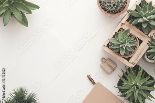 A serene workspace with various potted plants and stationery on a light wooden surface.