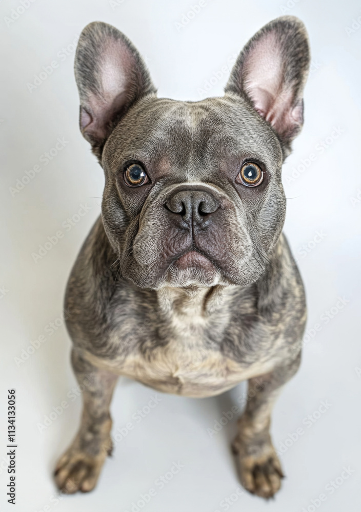 Realistic head on shot of French Bulldog with expressive eyes, showcasing its unique features and playful demeanor. This adorable dog sits attentively, exuding charm and personality Realistic head on shot of French Bulldog with expressive eyes, showcasing its unique features and playful demeanor. This adorable dog sits attentively, exuding charm and personality