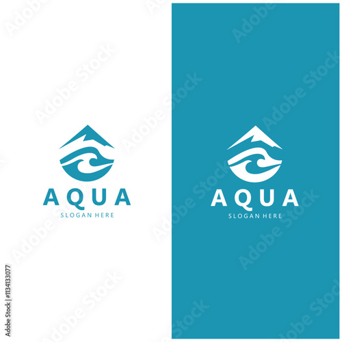 a blue logo with a mountain and water waves  water mountain logo  aqua logo  logo for business  mineral  natural
