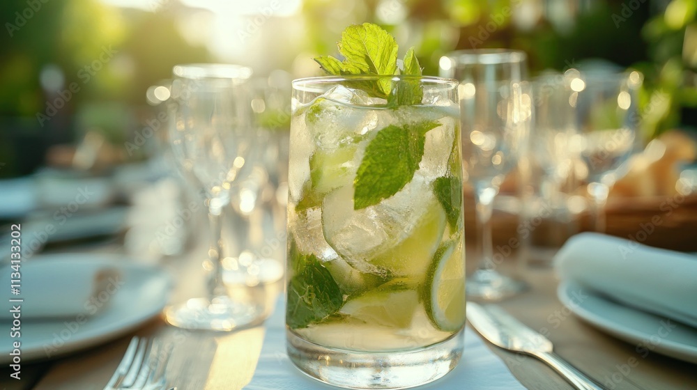 A refreshing cocktail garnished with mint and lime, set on a beautifully arranged table. A refreshing cocktail garnished with mint and lime, set on a beautifully arranged table.
