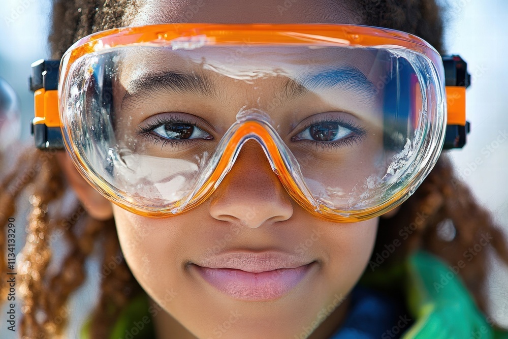Close-up Portrait of a Young Woman Wearing Safety Goggles Close-up Portrait of a Young Woman Wearing Safety Goggles
