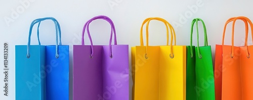 A row of colorful shopping bags displayed against a white background.