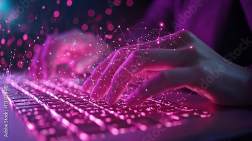 image showcases pair of hands typing on keyboard, with vibrant pink and purple digital effects surrounding them, symbolizing technology and connectivity