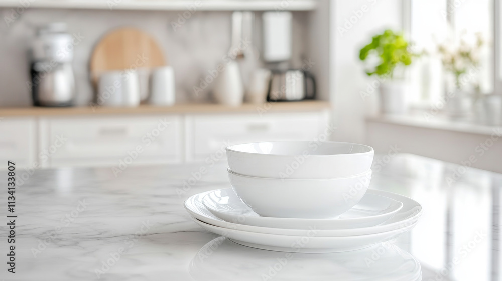 A modern kitchen scene featuring white ceramic bowls and plates on marble countertop, creating clean and elegant atmosphere. soft natural light enhances serene ambiance A modern kitchen scene featuring white ceramic bowls and plates on marble countertop, creating clean and elegant atmosphere. soft natural light enhances serene ambiance