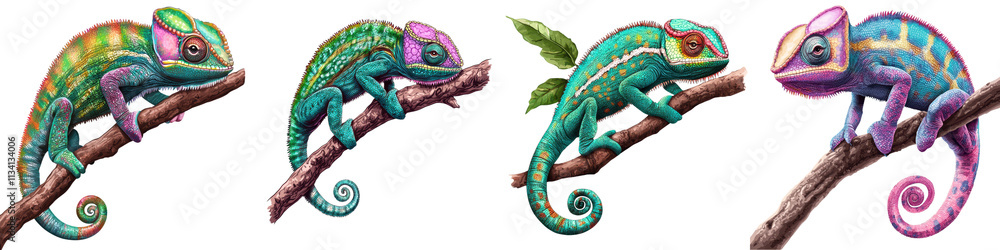 Obraz premium Vibrant Colored Chameleons Camouflaged on Lush Tropical Branches Highlighting the Wonders of Nature s Adaptation and Biodiversity