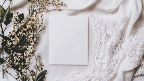 A5 blank white card mockup, white background with soft aestetic in the background, cozy theme photo