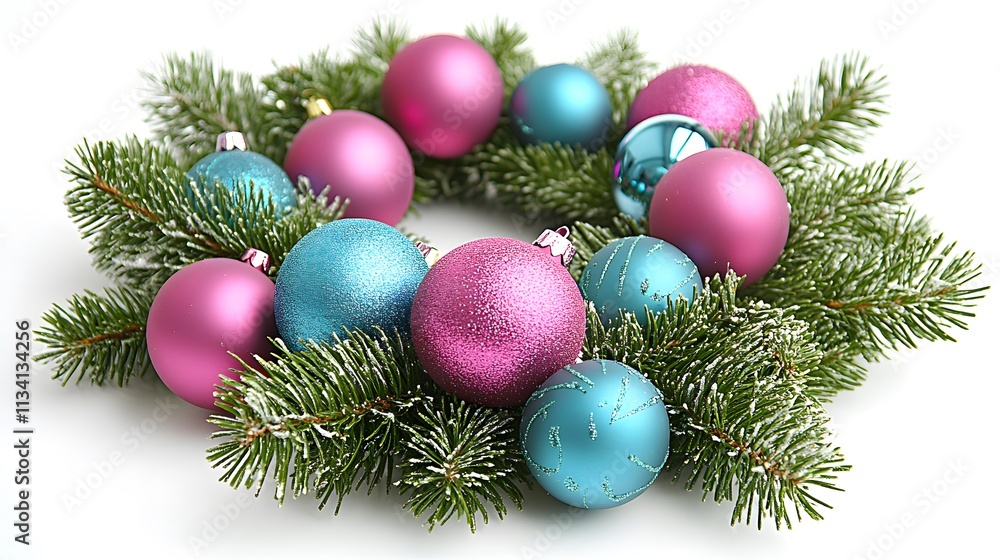 Fototapeta premium Festive Christmas wreath with pink and teal baubles on frosted pine branches.