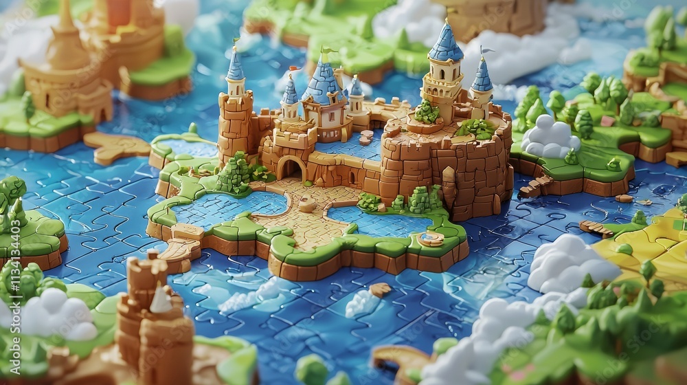 Colorful fantasy puzzle landscape featuring a detailed castle surrounded by water and greenery Colorful fantasy puzzle landscape featuring a detailed castle surrounded by water and greenery