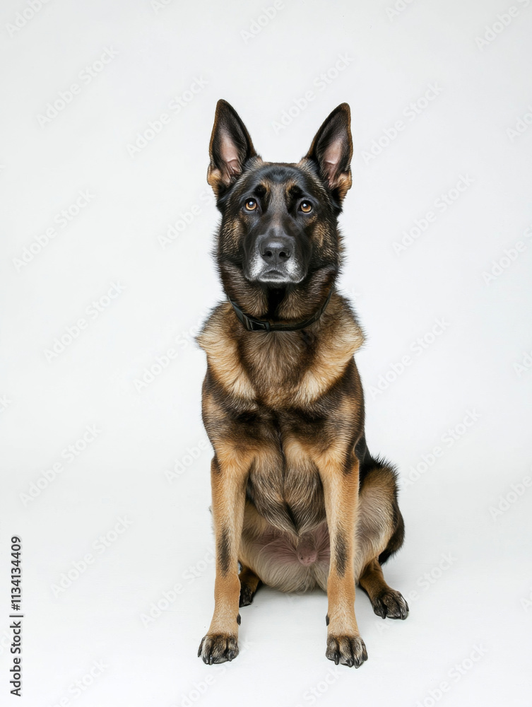 professional shot of German Shepherd sitting attentively, showcasing its strong build and alert expression. This breed is known for its intelligence and loyalty professional shot of German Shepherd sitting attentively, showcasing its strong build and alert expression. This breed is known for its intelligence and loyalty