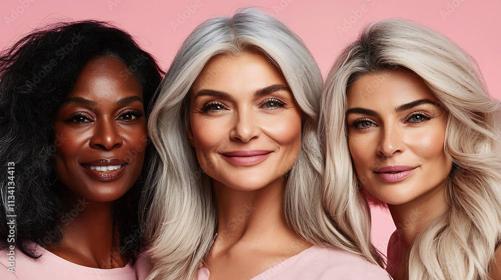 Three beautiful women with gray and black hair smiling together Three beautiful women with gray and black hair smiling together