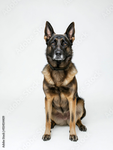 professional shot of German Shepherd sitting attentively, showcasing its strong build and alert expression. This breed is known for its intelligence and loyalty