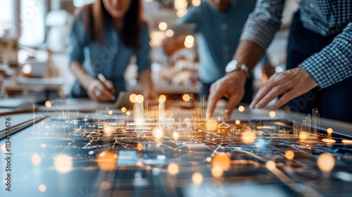 Innovative teamwork is showcased as professionals collaborate over digital map, analyzing data and strategizing for future projects. atmosphere is dynamic and focused