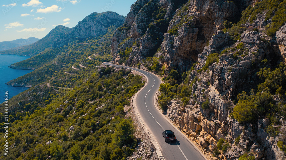 scenic elevated view of winding road along rocky coastline, with car driving through lush greenery and mountains in background, evoking sense of adventure and freedom scenic elevated view of winding road along rocky coastline, with car driving through lush greenery and mountains in background, evoking sense of adventure and freedom