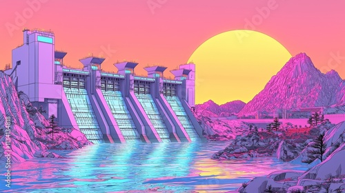 Colorful dam landscape at sunset with mountains and reflections in a serene lake photo