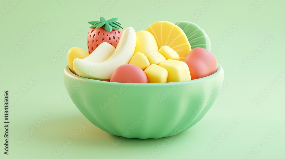 Colorful fruit salad in a green bowl showcasing various fruits on a pastel background Colorful fruit salad in a green bowl showcasing various fruits on a pastel background